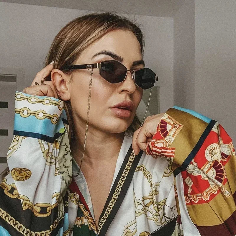 Vintage Sunglasses Women With Chain Small Frame Sun Glasses for Ladies 2023 Trendy Luxury Brand Designer Eyewear UV400