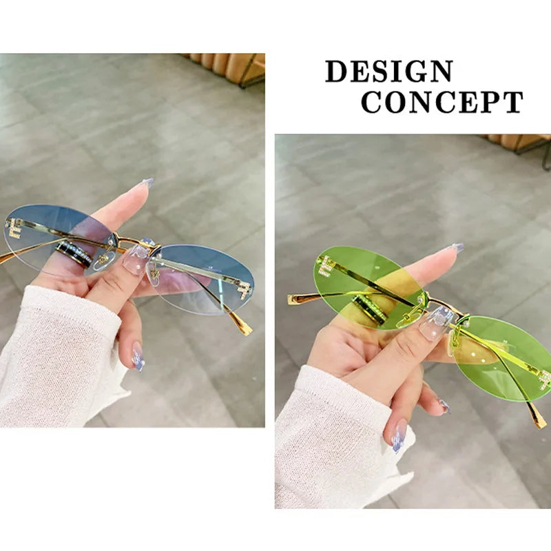 Luxe Diamond-Encrusted Oval Sunglasses - Fashionable Candy-Colored Rimless Sun Shades UV400 Protection