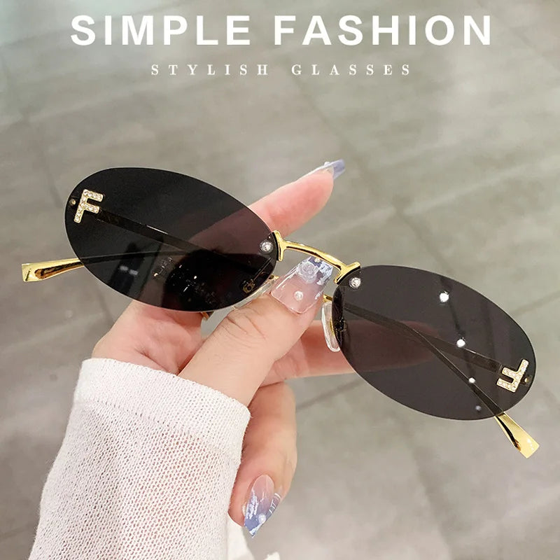 Luxe Diamond-Encrusted Oval Sunglasses - Fashionable Candy-Colored Rimless Sun Shades UV400 Protection