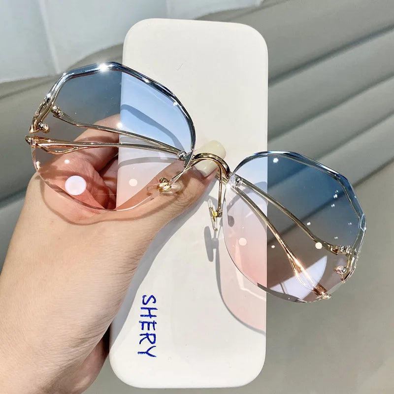 2024 Luxury Round Gradient Sunglasses Women Metal Curved Eyewear Ocean Rimless Fashion Sun Glasses Ladies UV400 Oculos De Sol